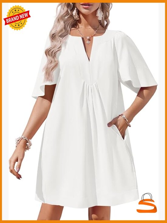 Dresses & Skirts - Flutter Short Sleeve Mini Dress V Neck Loose Flowy Summer Shift